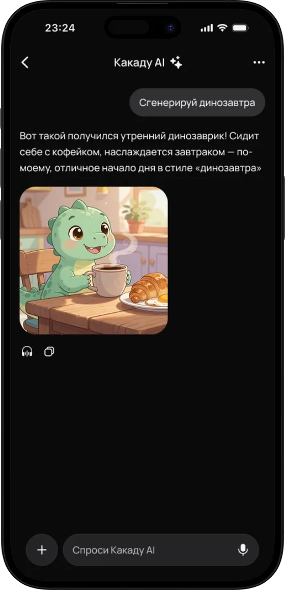 A Kakadu AI chat: asked to generate a dinosaur, the assistant draws a cartoon dinosaur having coffee and a croissant